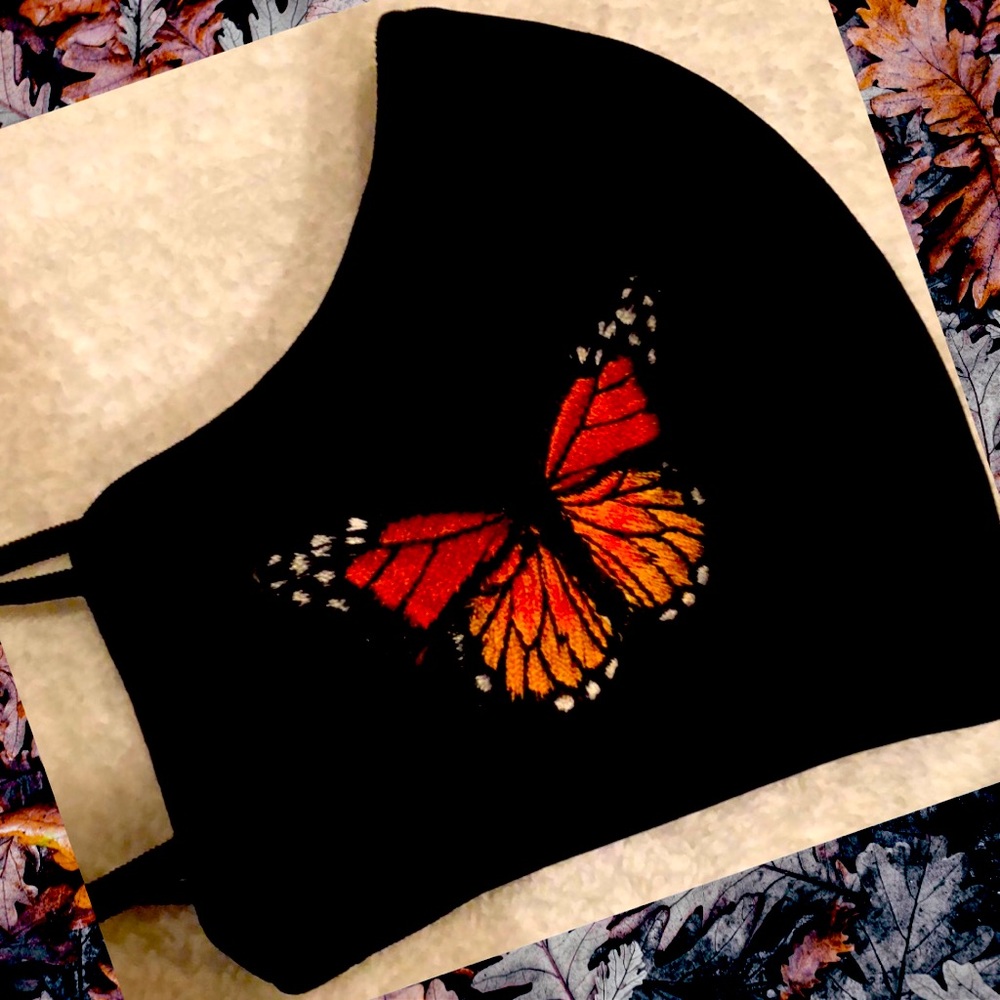 Orange Butterfly Embroidered Face Mask Dble Layer